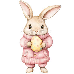 Wall Mural - cute watercolor rabbit in pink outfit holds Easter egg decorated with hearts, perfect for spring celebrations and festive decorations