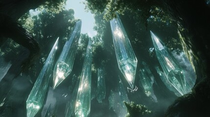 Poster - A mystical forest scene featuring large, shimmering crystals hanging from lush trees.