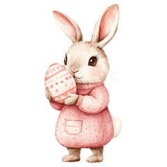 Wall Mural - cute watercolor rabbit in pink outfit holds Easter egg, radiating joy and warmth. This charming illustration captures essence of spring and festive celebrations