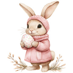 Wall Mural - cute watercolor rabbit in pink outfit holds decorated Easter egg, surrounded by soft floral elements. This charming illustration captures joy of springtime festivities