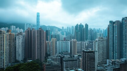  A panoramic view of a dense urban skyline under a cloudy sky.