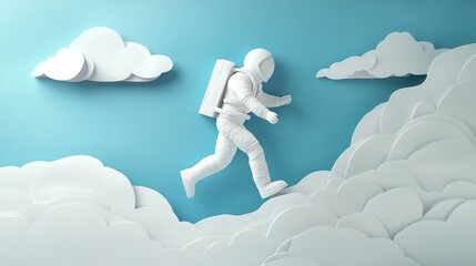 Aufkleber - A paper-cut style astronaut walks on fluffy clouds against a blue background.