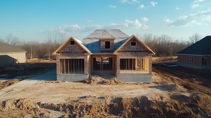 Aufkleber - A partially constructed house surrounded by a cleared site and trees in the background.