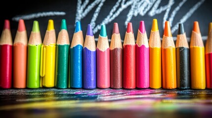 Colorful crayons on blackboard for back-to-school art projects and educational backgrounds