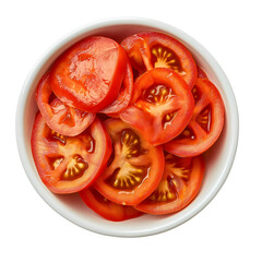 Fresh sliced tomatoes in white bowl isolated, organic red vegetable closeup, healthy raw ingredient top view