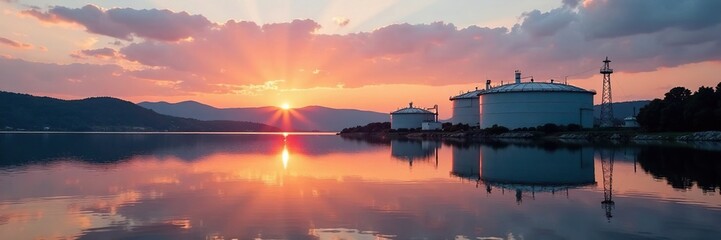 Sticker - Silvery oil tanks reflected on calm lake water at sunset, tanks, calm, lake