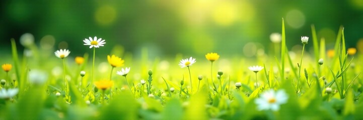 Sticker - Soothing green meadow with wildflowers swaying in the breeze, meadow, nature