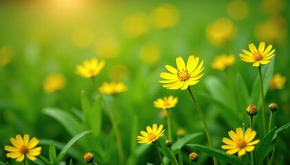 Delicate yellow wildflowers scattered on green grass, petals, field, flowers