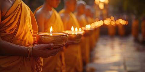 Wall Mural - Monks Holding Candles in a Peaceful Magha Puja Procession with Soft Golden Light and Focus on Candle Flames