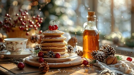 Wall Mural - A table set for Christmas breakfast, complete with pancakes, syrup, and festive decorations. Start the day with a special holiday meal