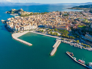 Wall Mural - Coastal town harbor aerial view, boats, buildings, sea