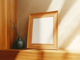 Wall Mural - Light wood frame with blank white mock up on table, shadows from sunlight