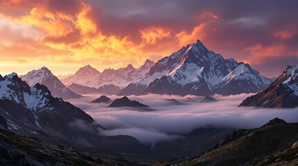 Fototapete - stunning mountain range during a vibrant sunset, with dramatic orange and purple clouds, misty valleys, and a prominent, snow-capped peak.