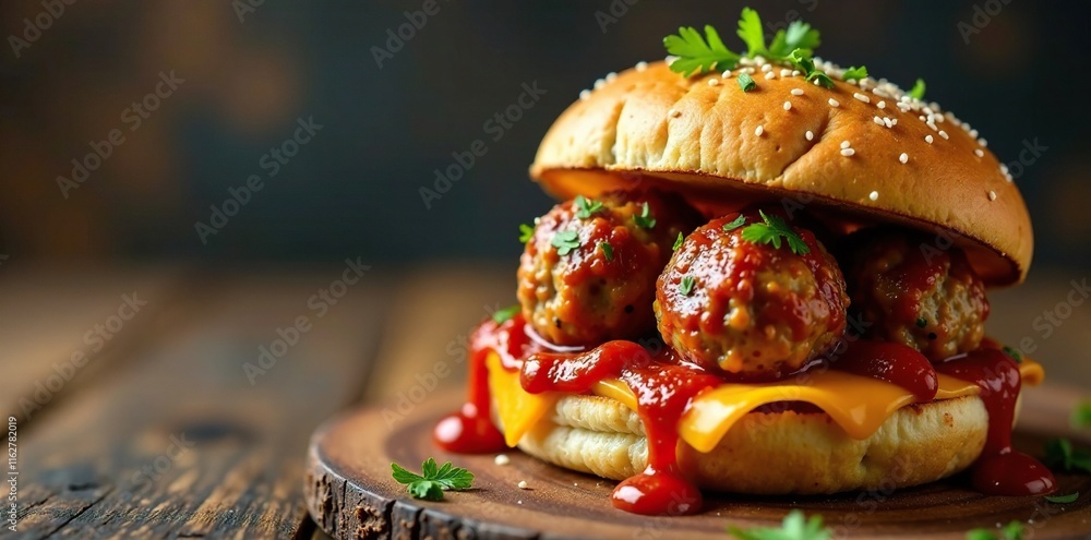 Stack Meatballs Stack of meatballs on a toasted sub roll with marinara sauce drizzle ...