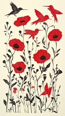 Poster - Red Hummingbirds Among Crimson Poppies and Wildflowers