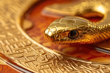 Wall Mural - A close-up shot of a golden snake coiled around a plate, great for food or luxury themed designs