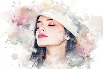 Wall Mural - A woman with her eyes closed wearing a white hat, possibly lost in thought or meditating