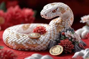 Wall Mural - A small snake figurine sits atop a vibrant red table, ready for display or use as a decorative piece