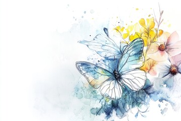 A colorful watercolor illustration of a butterfly surrounded by blooming flowers