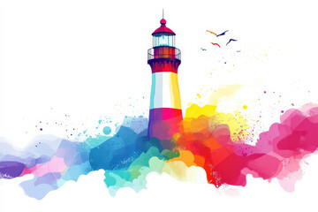 Vibrant watercolor lighthouse with seascape on white background