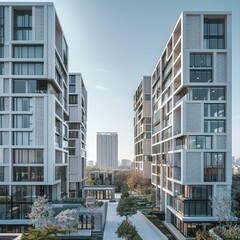 Leinwandbilder - A modern residential complex consisting of three tall blocks, each with around 13 floors. The buildings feature a tiered design, create elegant displacements.