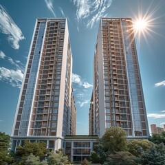 Leinwandbilder - A modern residential complex consisting of three tall blocks, each with around 13 floors. The buildings feature a tiered design, create elegant displacements.