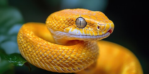 Wall Mural - A close-up view of a yellow snake resting on a branch, perfect for use in wildlife or nature-themed projects