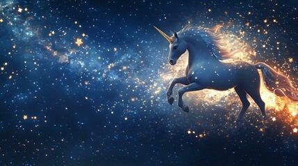 Wall Mural - fantasy christmas and new year banner with magical stars, unicorns and glowing fairy dust over a dar