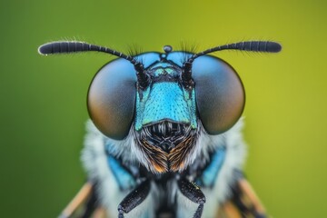 Wall Mural - A close-up shot of a blue insect's face with intricate details