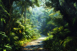 Sunlit jungle path surrounded by lush green foliage