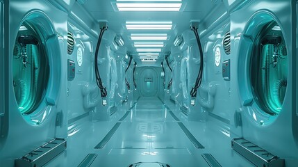 Wall Mural - bright white alien laboratory with bright white lights and teal biohazard signs and thick teal cable