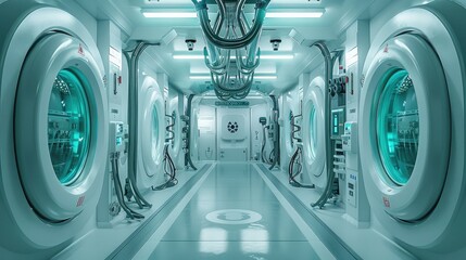 Leinwandbilder - Bright white alien laboratory with bright white lights and teal biohazard signs and thick teal cables.