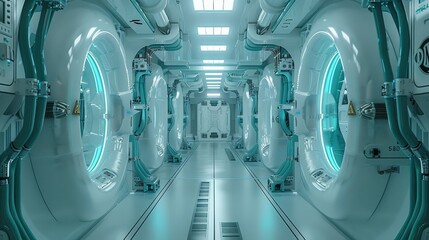 Wall Mural - bright white alien laboratory with bright white lights and teal biohazard signs and thick teal cable