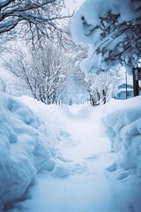 Sticker - A snowy path surrounded by trees in the background