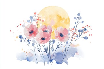 Wall Mural - a bouquet of colorful flowers lit by the soft glow of a full moon