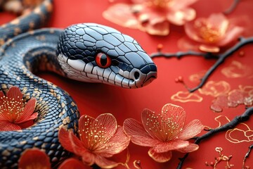 Wall Mural - Close-up view of a snake's head and body on a bright red background