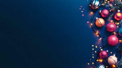 Wall Mural - Vibrant Christmas and New Year banner with colorful LED lights and sparkling ornaments over a dark midnight blue background
