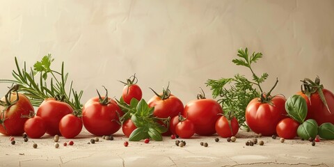 Canvas Print - Tomatoes, spices and herbs with empty space in the middle on beige table on beige smooth wall.