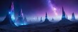 © RobinsonIcious - A landscape with towering crystalline structures shimmering in hues of blue and purple under a sky filled with strange celestial bodies