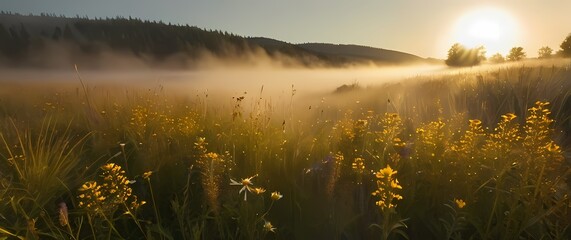 Wall Mural - A golden meadow in summer dotted with wildflowers and swaying grasses alive with the buzz of insects capturing the essence of natures bounty