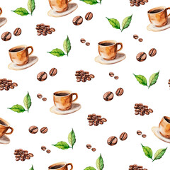 Wall Mural - draw seamless pattern watercolor with cup of coffee with beans