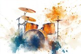 A colorful illustration of a drum set on watercolor background