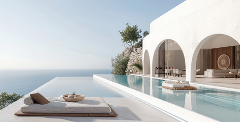 Wall Mural - luxury, minimalist white villa with a pool and a blue sea view. the villa features a terrace, a swim