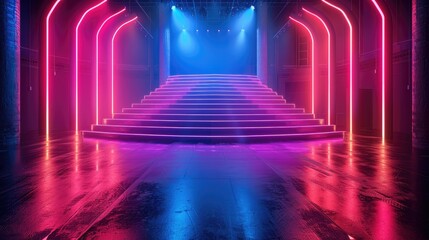 Poster - Stage with 3 led screens on a matting with many-curved borders with neon strips. Black glossy floor, neon Color palette, magenta, purple and green.