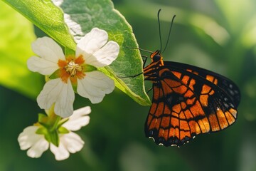 Sticker - A detailed view of a butterfly perched on a flower, highlighting the intricate details of its wings and the surrounding flora