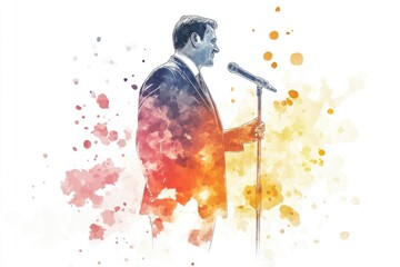 Poster - A man in a suit standing at a microphone, giving a presentation or speech