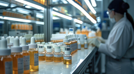 Poster - In the lab at the factory where worker is cosmetics are packaged.