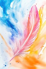Wall Mural - pink feather painting floating on colorful watercolor background
