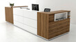 © Czintos Ödön - A modern reception desk with a minimalist design combines white panels and wood accents. A small monitor and potted plant enhance the clean aesthetic.AI generated.
