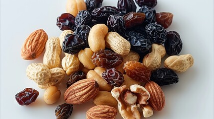 Poster - A single group of shelled peanuts and raisins, white background.